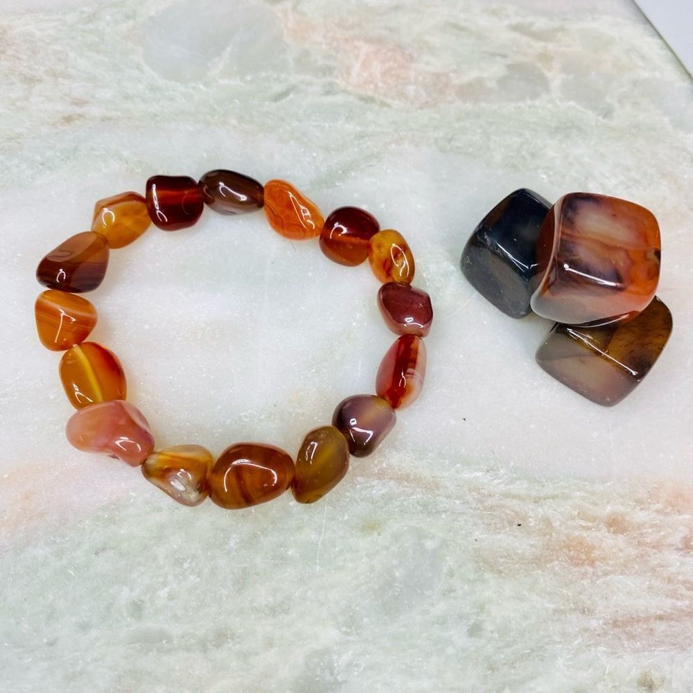 Red Carnelian Nugget Bead Unisex Stretch Bracelet + 3pc Carnelian Cubes Set - Picture 3 of 6